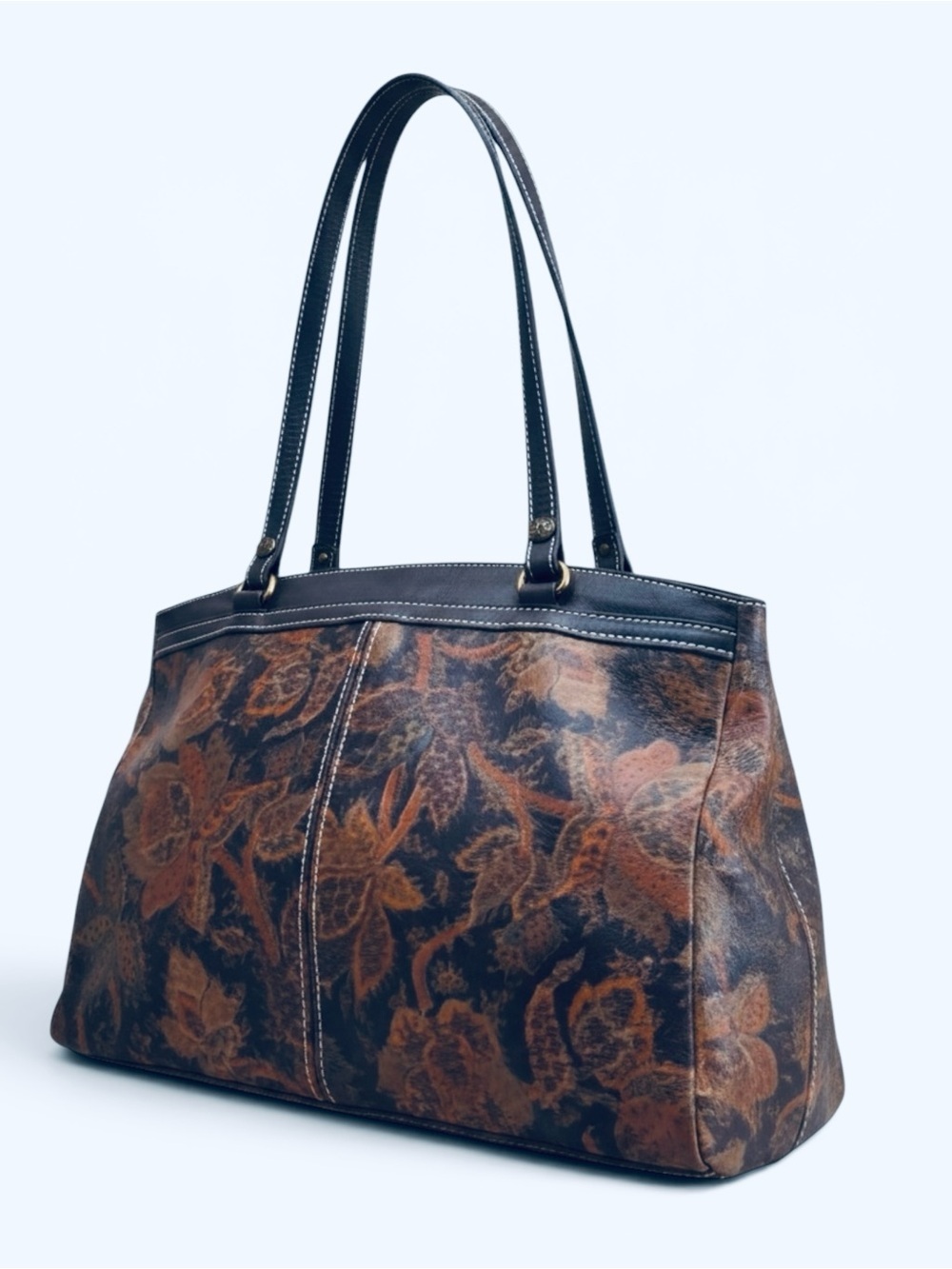 Patricia Nash Benvenuto Renaissance Floral Leather Tote Bag Navy Trim EUC